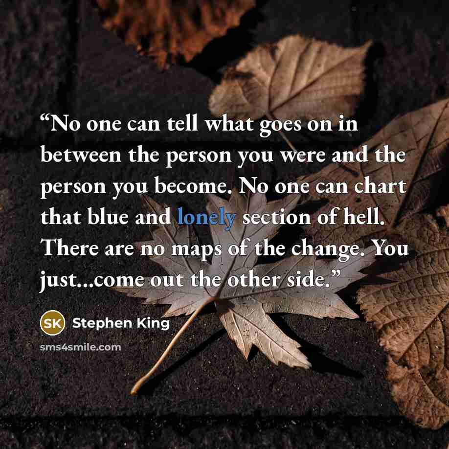 “No one can tell what goes on in between the person you were and the person you become. No one can chart that blue and lonely section of hell. There are no maps of the change. You just...come out the other side.” quote by Stephen King