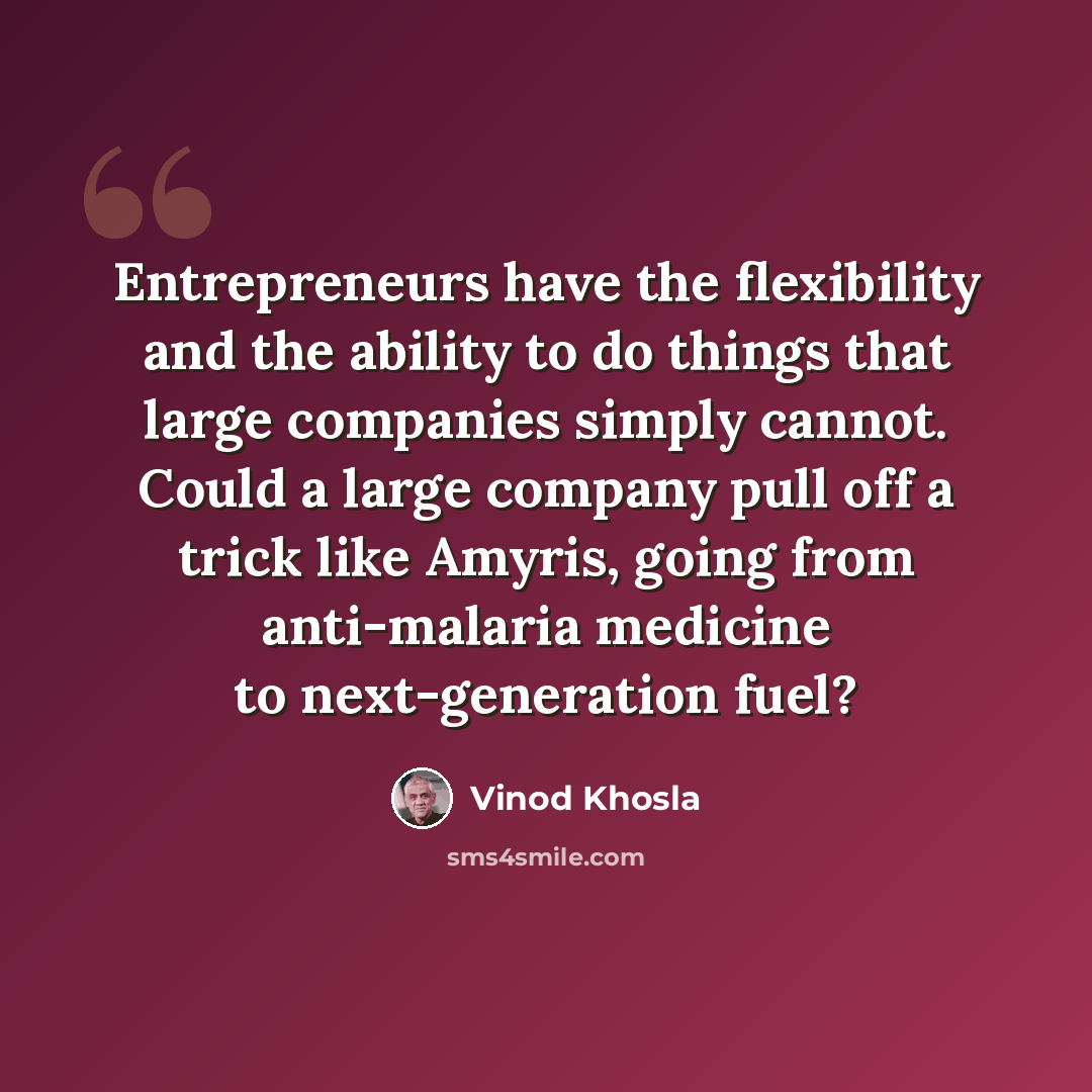 “Entrepreneurs have the flexibility and the ability to do things that large companies simply cannot. Could a large company pull off a trick like Amyris, going from anti-malaria medicine to next-generation fuel?” quote by Vinod Khosla
