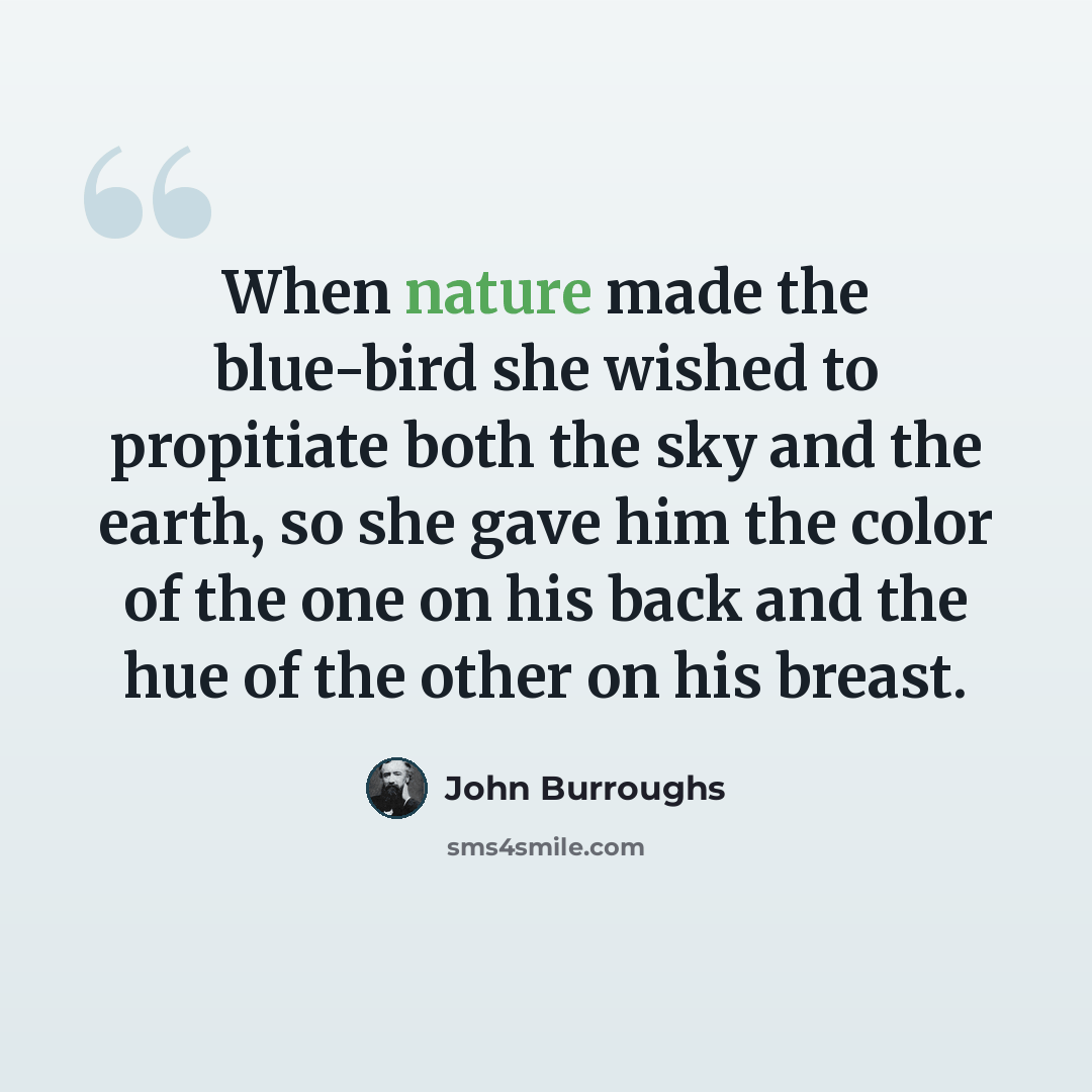 “When nature made the blue-bird she wished to propitiate both the sky and the earth, so she gave him the color of the one on his back and the hue of the other on his breast.” quote by John Burroughs