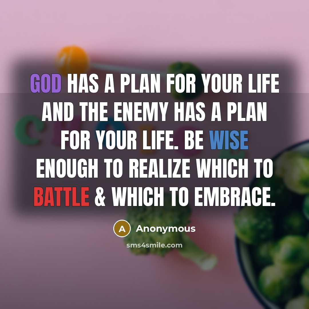 “God has a plan for your life and the enemy has a plan for your life. Be wise enough to realize which to battle & which to embrace.” quote by Anonymous
