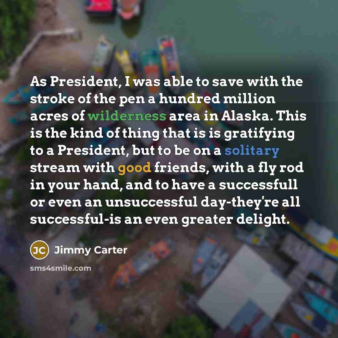 “As President, I was able to save with the stroke of the pen a hundred million acres of wilderness area in Alaska. This is the kind of thing that is is gratifying to a President, but to be on a solitary stream with good friends, with a fly rod in your hand, and to have a successfull or even an…” quote by Jimmy Carter
