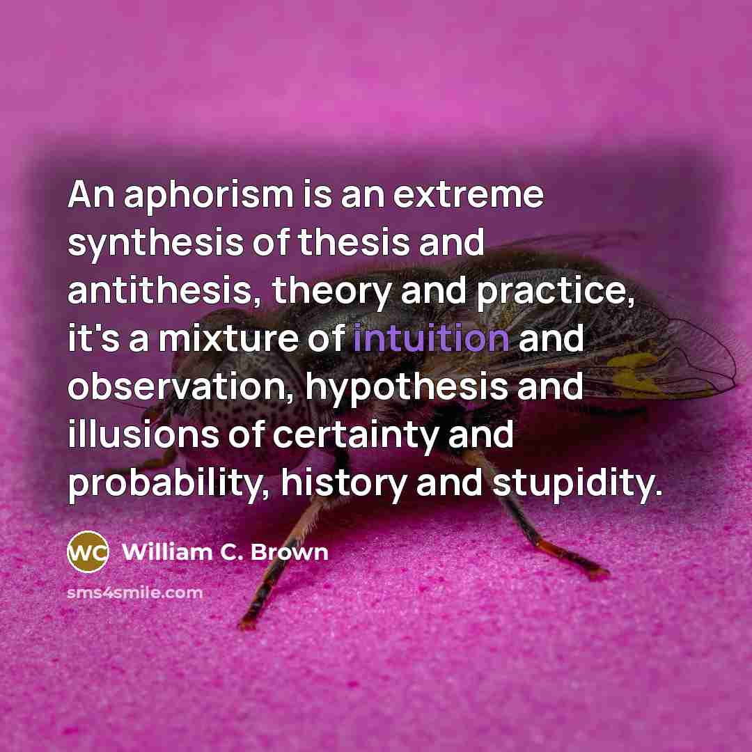 “An aphorism is an extreme synthesis of thesis and antithesis, theory and practice, it's a mixture of intuition and observation, hypothesis and illusions of certainty and probability, history and stupidity.” quote by William C. Brown