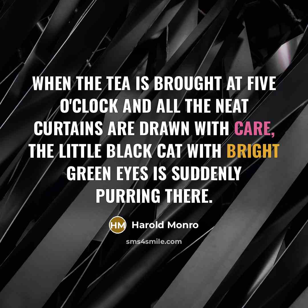 “When the tea is brought at five o'clock And all the neat curtains are drawn with care, The little black cat with bright green eyes Is suddenly purring there.” quote by Harold Monro