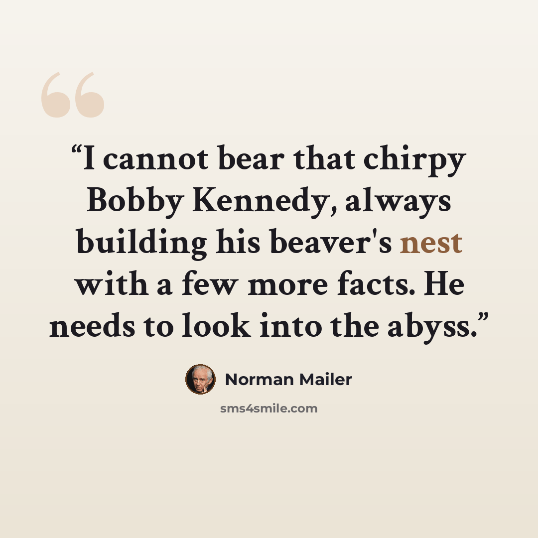 “I cannot bear that chirpy Bobby Kennedy, always building his beaver's nest with a few more facts. He needs to look into the abyss.” quote by Norman Mailer