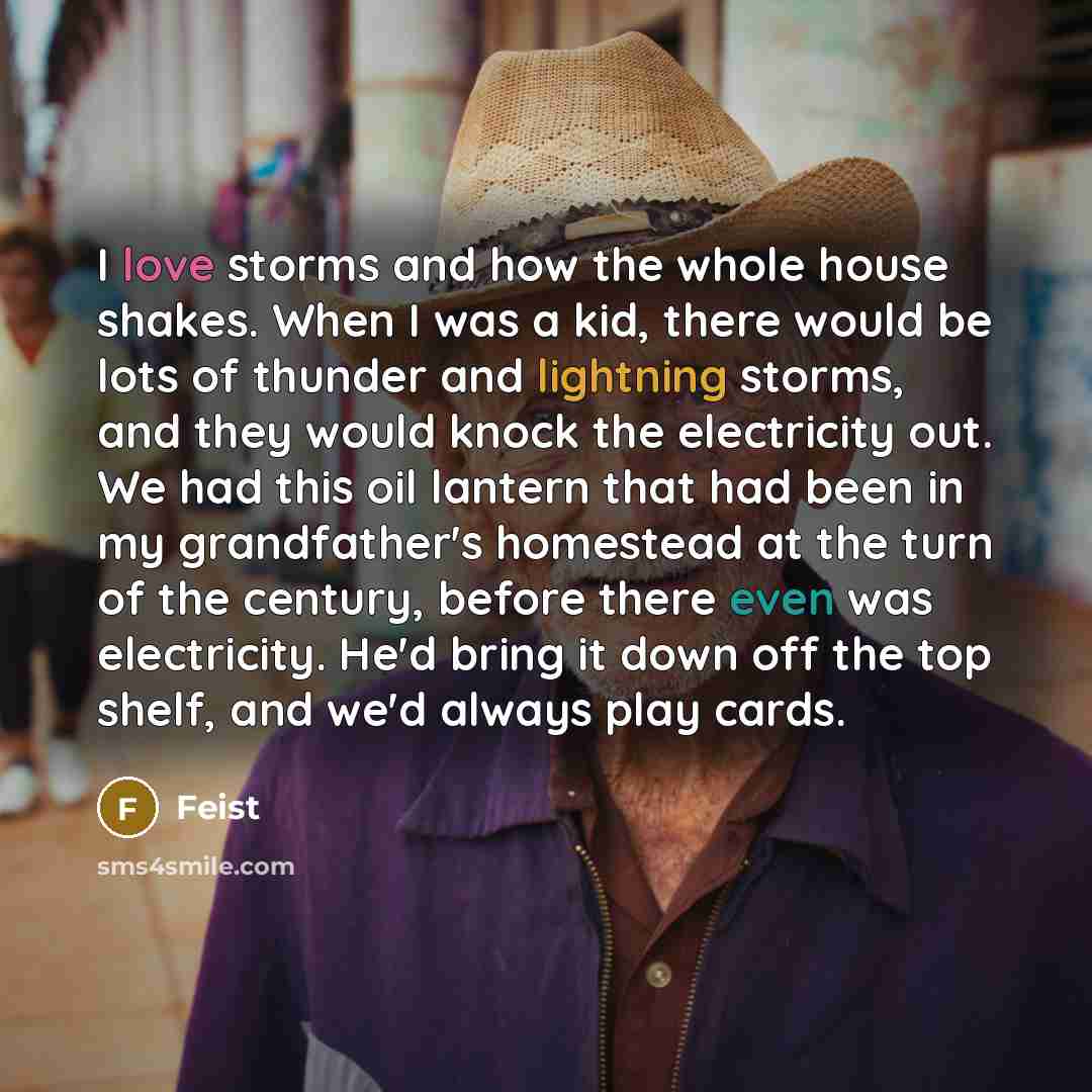 “I love storms and how the whole house shakes. When I was a kid, there would be lots of thunder and lightning storms, and they would knock the electricity out. We had this oil lantern that had been in my grandfather's homestead at the turn of the century, before there even was electricity. He'd…” quote by Feist
