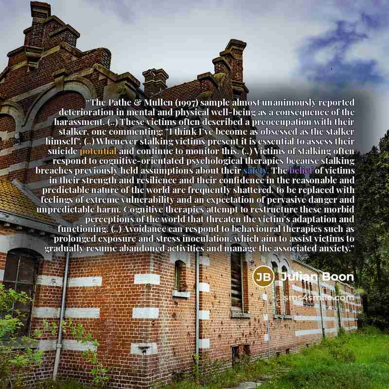 “The Pathe & Mullen (1997) sample almost unanimously reported deterioration in mental and physical well-being as a consequence of the harassment. (..) These victims often described a preoccupation with their stalker, one commenting: "I think I’ve become as obsessed as the stalker himself". (..)…” quote by Julian Boon