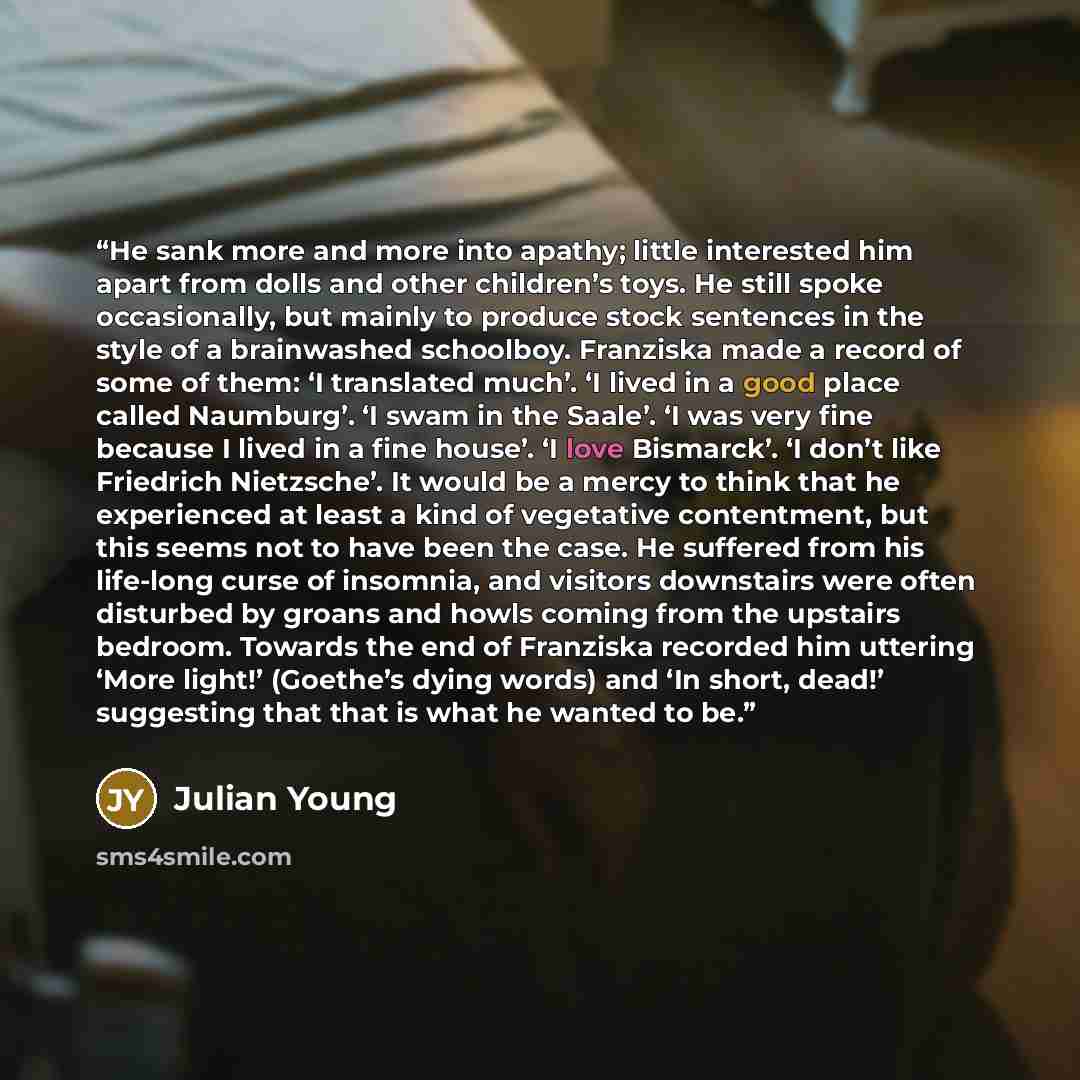 “He sank more and more into apathy; little interested him apart from dolls and other children’s toys. He still spoke occasionally, but mainly to produce stock sentences in the style of a brainwashed schoolboy. Franziska made a record of some of them: ‘I translated much’. ‘I lived in a good place…” quote by Julian Young