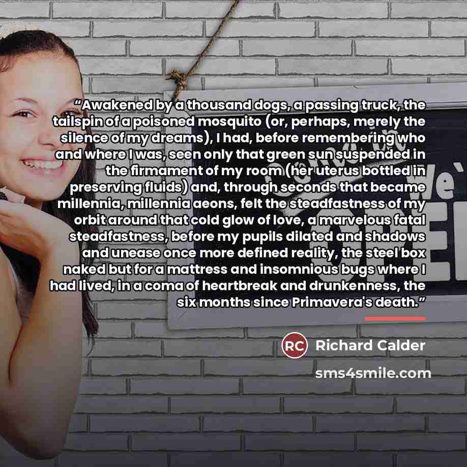 “Awakened by a thousand dogs, a passing truck, the tailspin of a poisoned mosquito (or, perhaps, merely the silence of my dreams), I had, before remembering who and where I was, seen only that green sun suspended in the firmament of my room (her uterus bottled in preserving fluids) and, through…” quote by Richard Calder