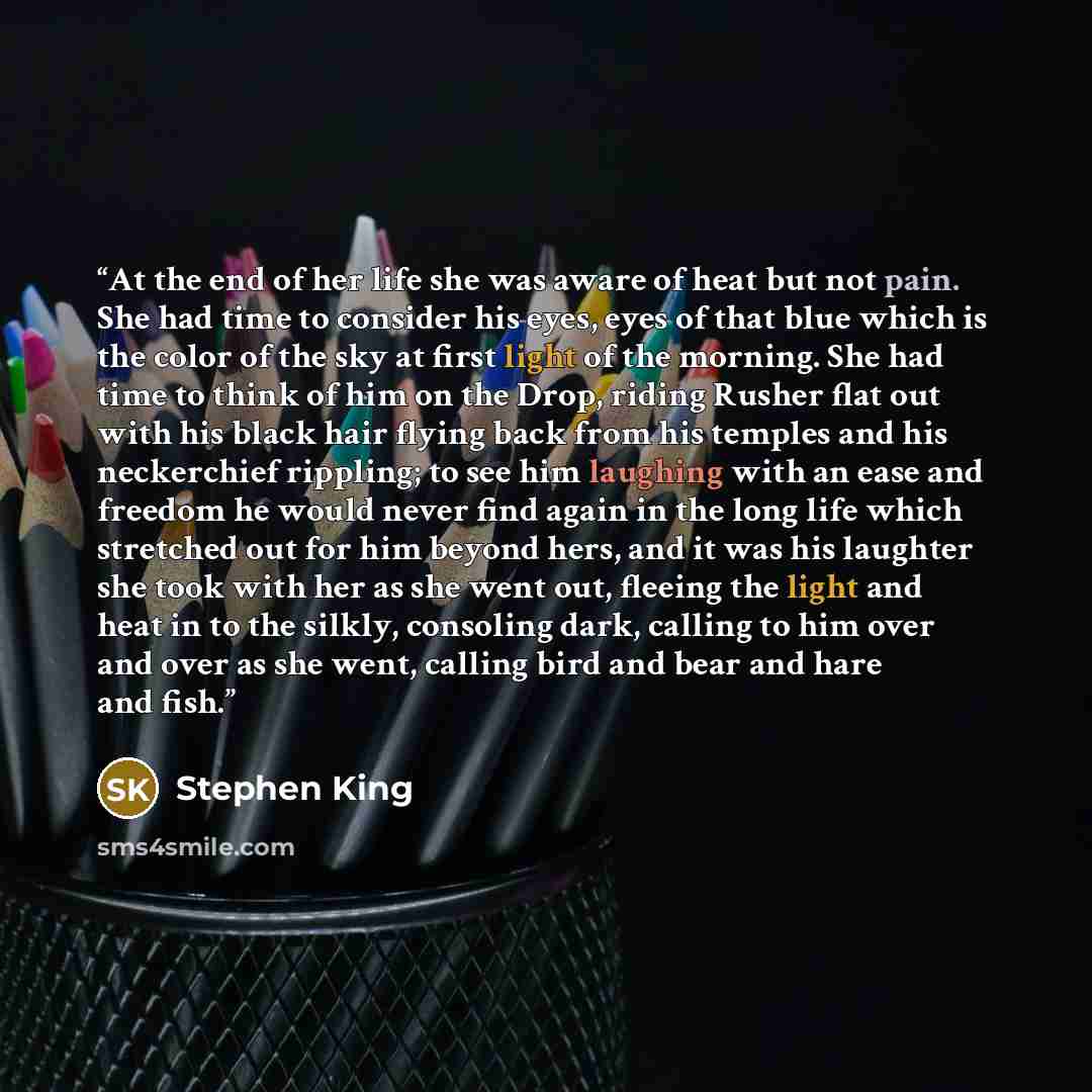 “At the end of her life she was aware of heat but not pain. She had time to consider his eyes, eyes of that blue which is the color of the sky at first light of the morning. She had time to think of him on the Drop, riding Rusher flat out with his black hair flying back from his temples and his…” quote by Stephen King