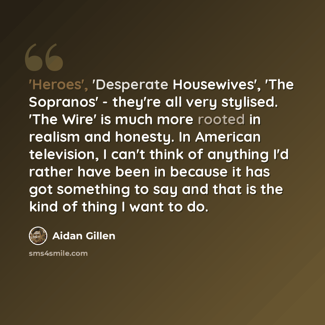 “'Heroes', 'Desperate Housewives', 'The Sopranos' - they're all very stylised. 'The Wire' is much more rooted in realism and honesty. In American television, I can't think of anything I'd rather have been in because it has got something to say and that is the kind of thing I want to do.” quote by Aidan Gillen
