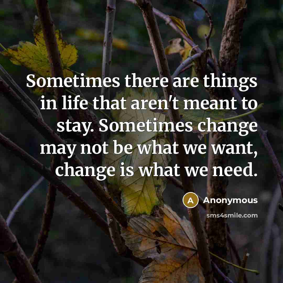 “Sometimes there are things in life that aren't meant to stay. Sometimes change may not be what we want, change is what we need.” quote by Anonymous