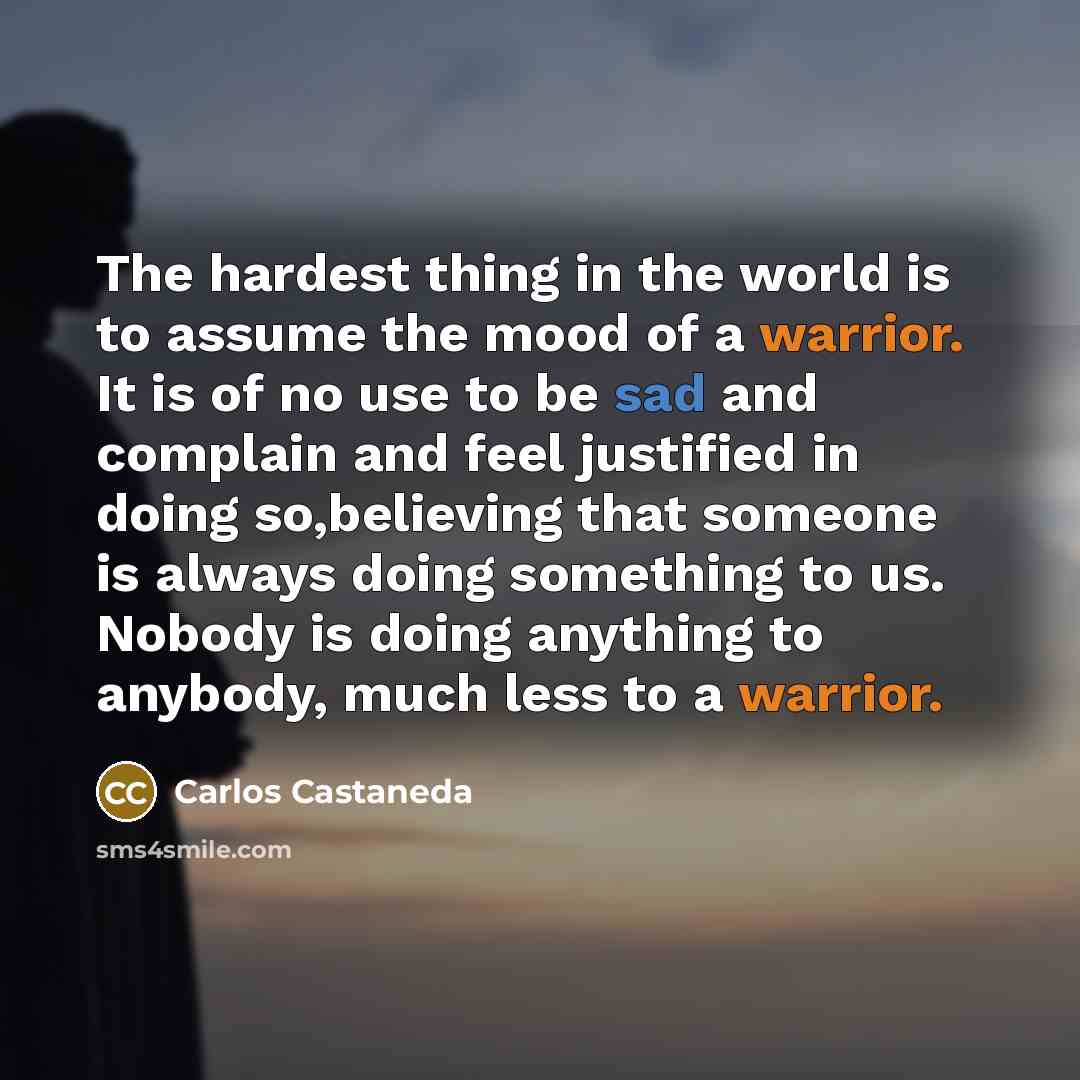 “The hardest thing in the world is to assume the mood of a warrior. It is of no use to be sad and complain and feel justified in doing so,believing that someone is always doing something to us. Nobody is doing anything to anybody, much less to a warrior.” quote by Carlos Castaneda