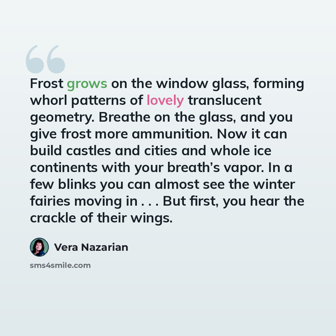 “Frost grows on the window glass, forming whorl patterns of lovely translucent geometry. Breathe on the glass, and you give frost more ammunition. Now it can build castles and cities and whole ice continents with your breath’s vapor. In a few blinks you can almost see the winter fairies moving in…” quote by Vera Nazarian