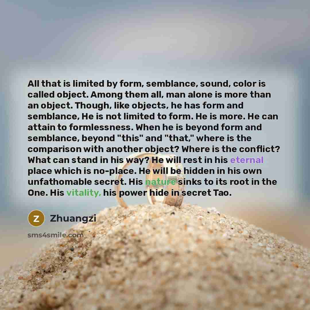 “All that is limited by form, semblance, sound, color is called object. Among them all, man alone is more than an object. Though, like objects, he has form and semblance, He is not limited to form. He is more. He can attain to formlessness. When he is beyond form and semblance, beyond "this" and…” quote by Zhuangzi