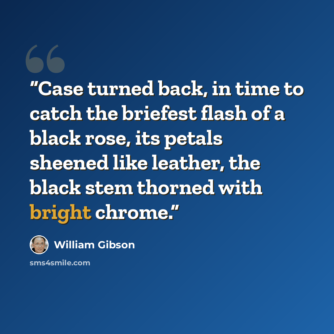 “Case turned back, in time to catch the briefest flash of a black rose, its petals sheened like leather, the black stem thorned with bright chrome.” quote by William Gibson