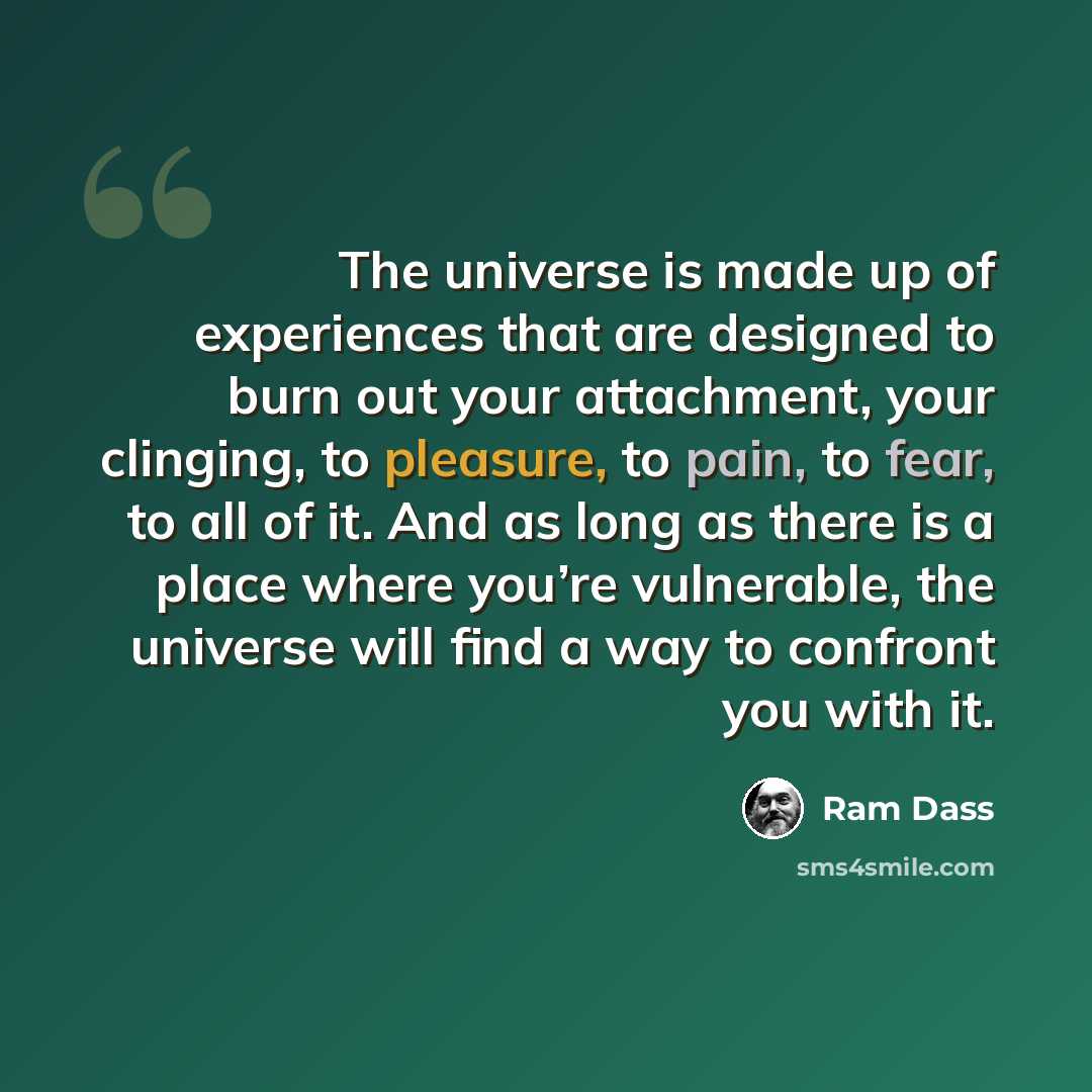 “The universe is made up of experiences that are designed to burn out your attachment, your clinging, to pleasure, to pain, to fear, to all of it. And as long as there is a place where you’re vulnerable, the universe will find a way to confront you with it.” quote by Ram Dass