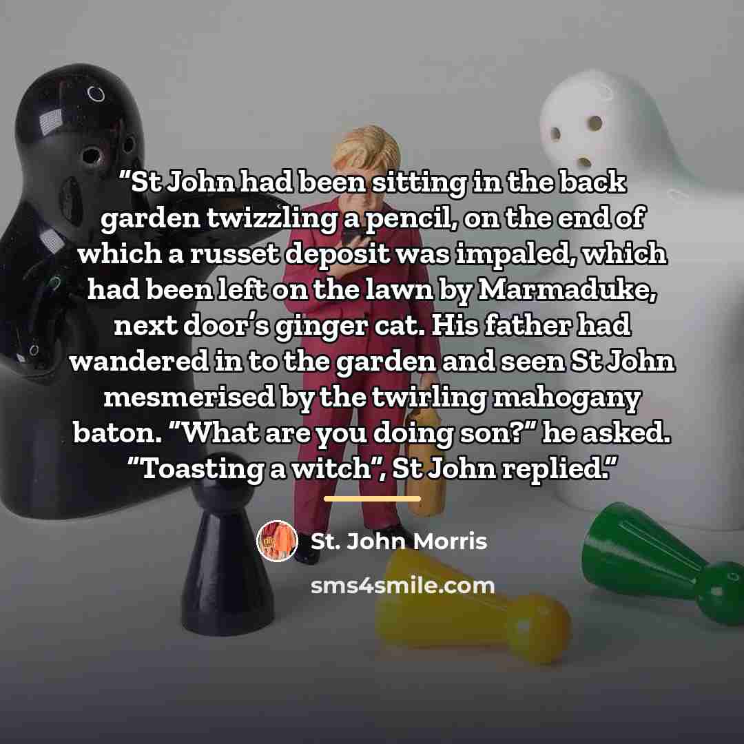 “St John had been sitting in the back garden twizzling a pencil, on the end of which a russet deposit was impaled, which had been left on the lawn by Marmaduke, next door’s ginger cat. His father had wandered in to the garden and seen St John mesmerised by the twirling mahogany baton. “What are you…” quote by St. John Morris