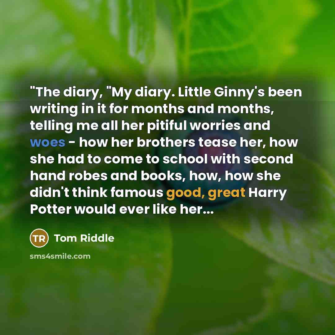 “"The diary, "My diary. Little Ginny's been writing in it for months and months, telling me all her pitiful worries and woes - how her brothers tease her, how she had to come to school with second hand robes and books, how, how she didn't think famous good, great Harry Potter would ever like her...” quote by Tom Riddle