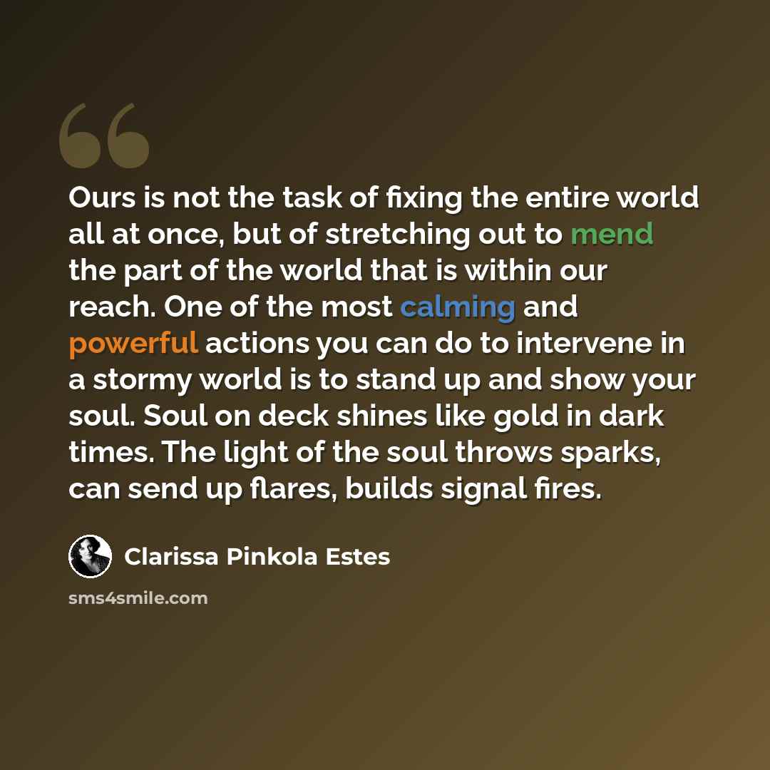 “Ours is not the task of fixing the entire world all at once, but of stretching out to mend the part of the world that is within our reach. One of the most calming and powerful actions you can do to intervene in a stormy world is to stand up and show your soul. Soul on deck shines like gold in dark…” quote by Clarissa Pinkola Estes