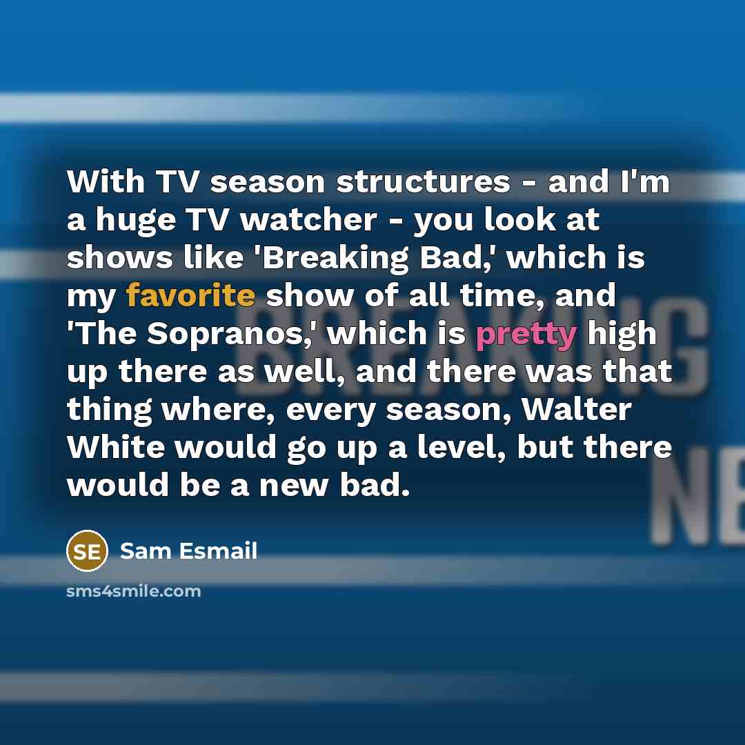 “With TV season structures - and I'm a huge TV watcher - you look at shows like 'Breaking Bad,' which is my favorite show of all time, and 'The Sopranos,' which is pretty high up there as well, and there was that thing where, every season, Walter White would go up a level, but there would be a new…” quote by Sam Esmail