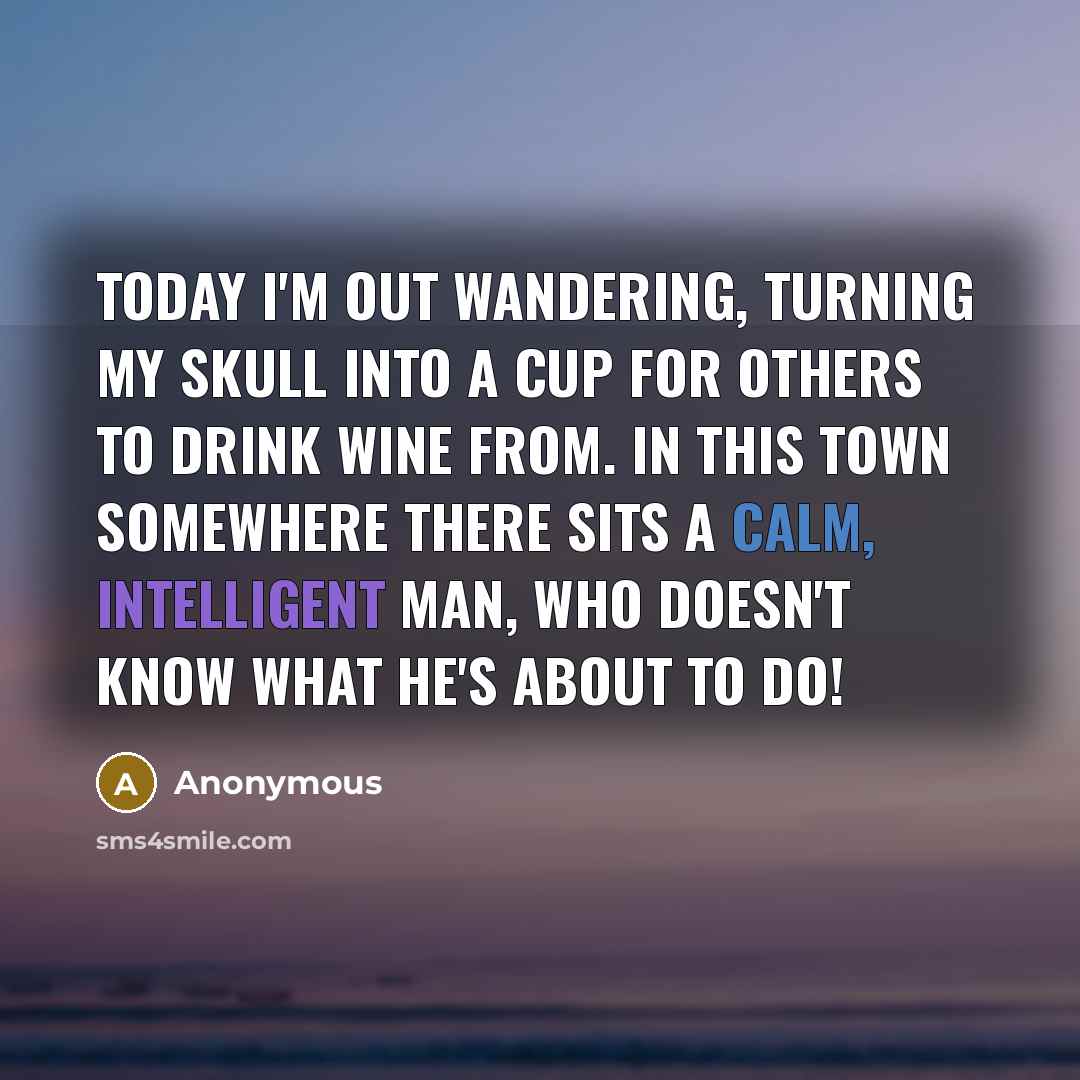 “Today I'm out wandering, turning my skull into a cup for others to drink wine from. In this town somewhere there sits a calm, intelligent man, who doesn't know what he's about to do!” quote by Anonymous