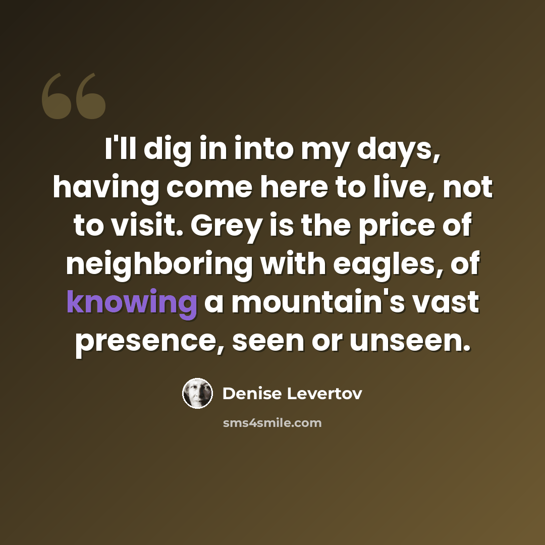 “I'll dig in into my days, having come here to live, not to visit. Grey is the price of neighboring with eagles, of knowing a mountain's vast presence, seen or unseen.” quote by Denise Levertov