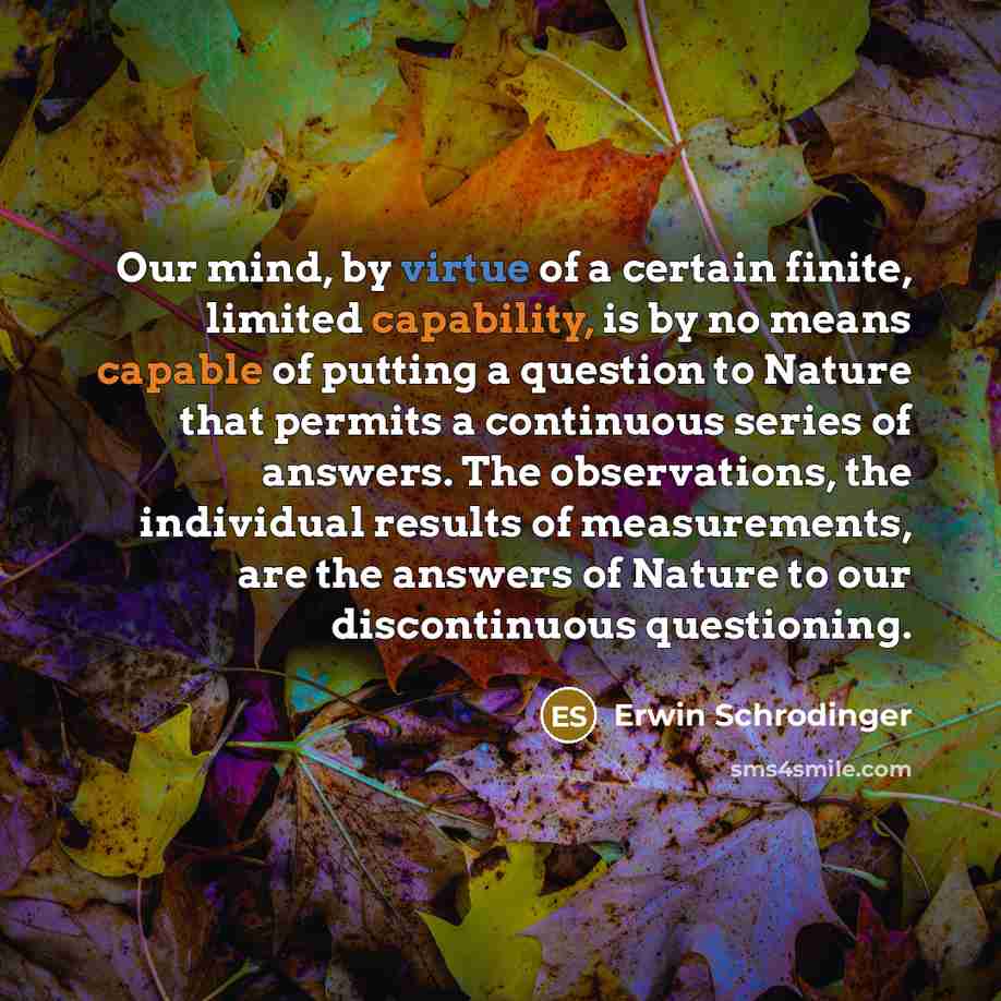 “Our mind, by virtue of a certain finite, limited capability, is by no means capable of putting a question to Nature that permits a continuous series of answers. The observations, the individual results of measurements, are the answers of Nature to our discontinuous questioning.” quote by Erwin Schrodinger