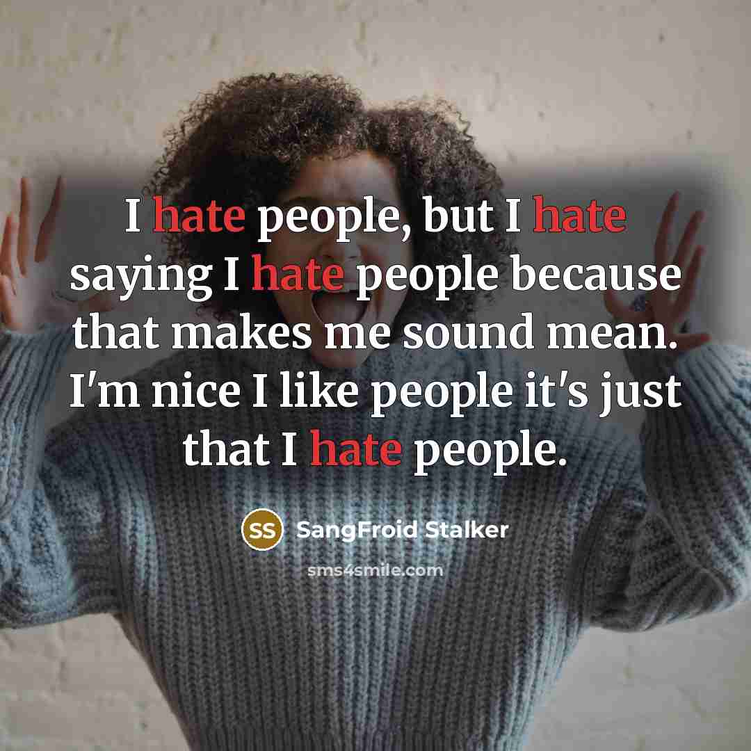 “I hate people, but I hate saying I hate people because that makes me sound mean. I'm nice I like people it's just that I hate people.” quote by SangFroid Stalker
