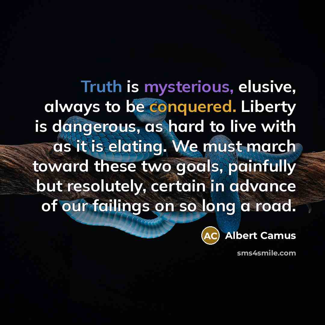“Truth is mysterious, elusive, always to be conquered. Liberty is dangerous, as hard to live with as it is elating. We must march toward these two goals, painfully but resolutely, certain in advance of our failings on so long a road.” quote by Albert Camus