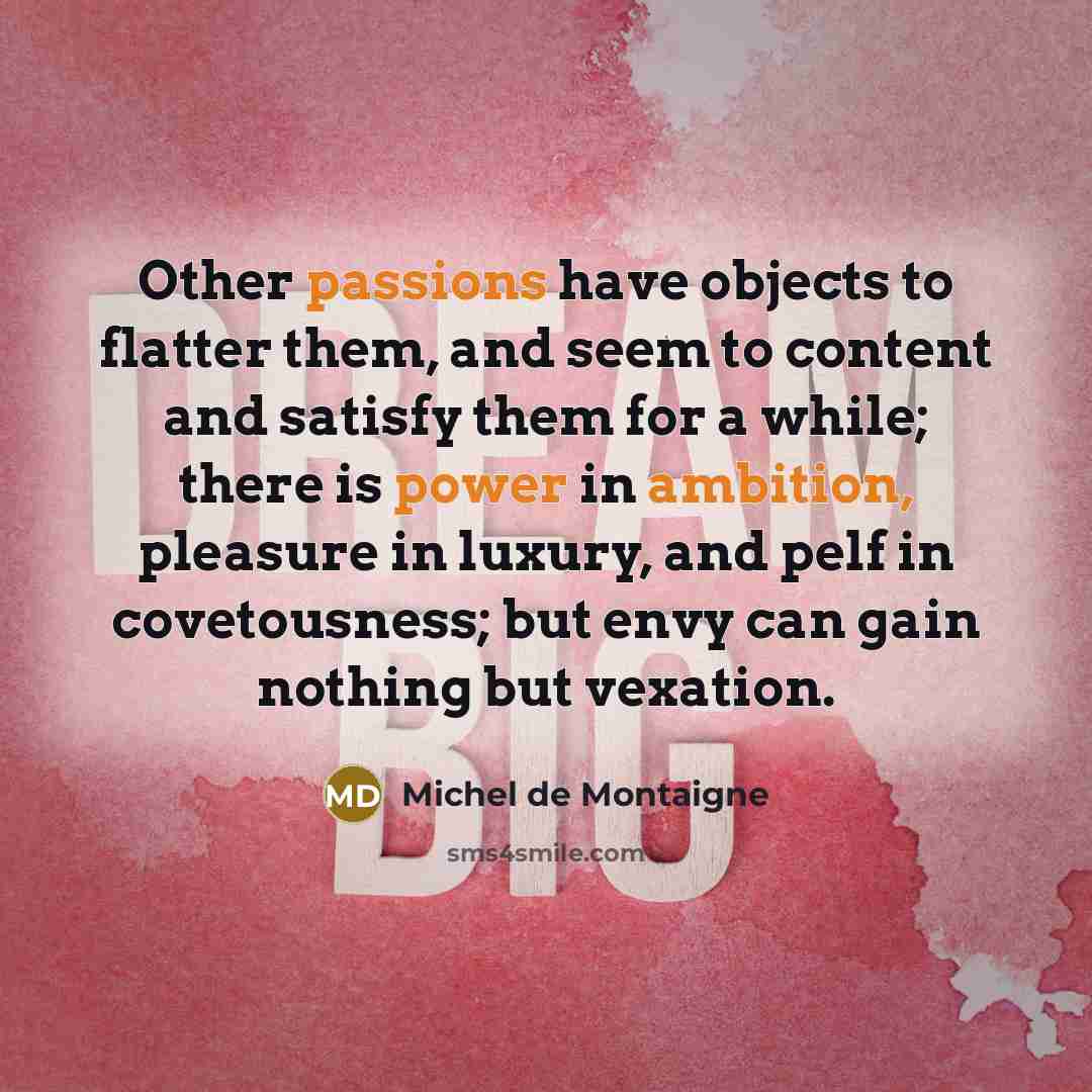 “Other passions have objects to flatter them, and seem to content and satisfy them for a while; there is power in ambition, pleasure in luxury, and pelf in covetousness; but envy can gain nothing but vexation.” quote by Michel de Montaigne
