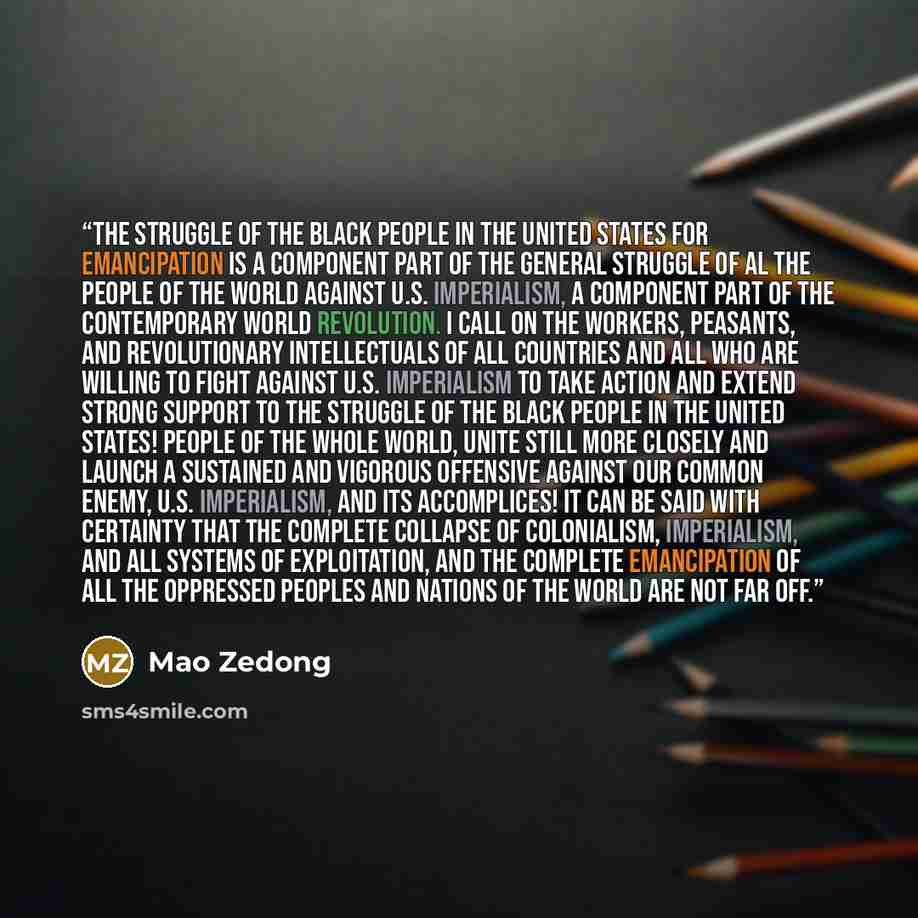 “The struggle of the Black people in the United States for emancipation is a component part of the general struggle of al the people of the world against U.S. imperialism, a component part of the contemporary world revolution. I call on the workers, peasants, and revolutionary intellectuals of all…” quote by Mao Zedong