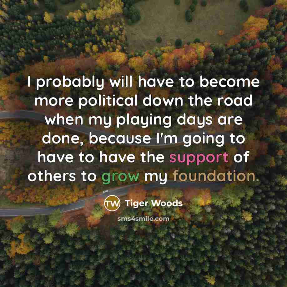 “I probably will have to become more political down the road when my playing days are done, because I'm going to have to have the support of others to grow my foundation.” quote by Tiger Woods