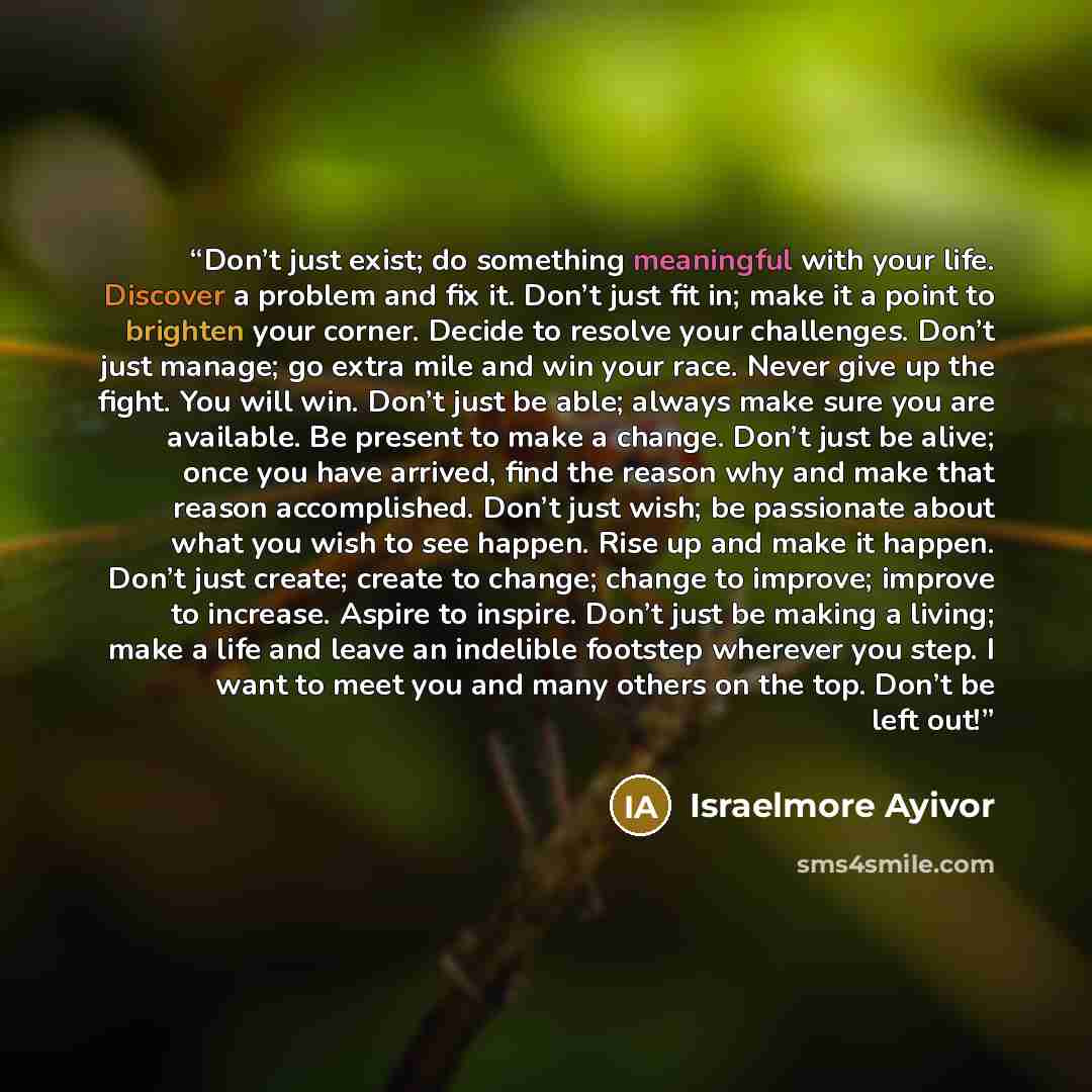“Don’t just exist; do something meaningful with your life. Discover a problem and fix it. Don’t just fit in; make it a point to brighten your corner. Decide to resolve your challenges. Don’t just manage; go extra mile and win your race. Never give up the fight. You will win. Don’t just be able…” quote by Israelmore Ayivor