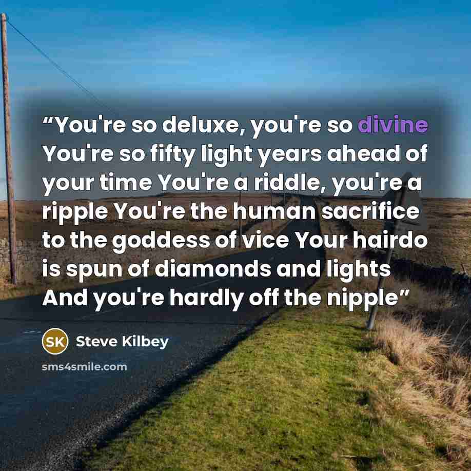 “You're so deluxe, you're so divine You're so fifty light years ahead of your time You're a riddle, you're a ripple You're the human sacrifice to the goddess of vice Your hairdo is spun of diamonds and lights And you're hardly off the nipple” quote by Steve Kilbey