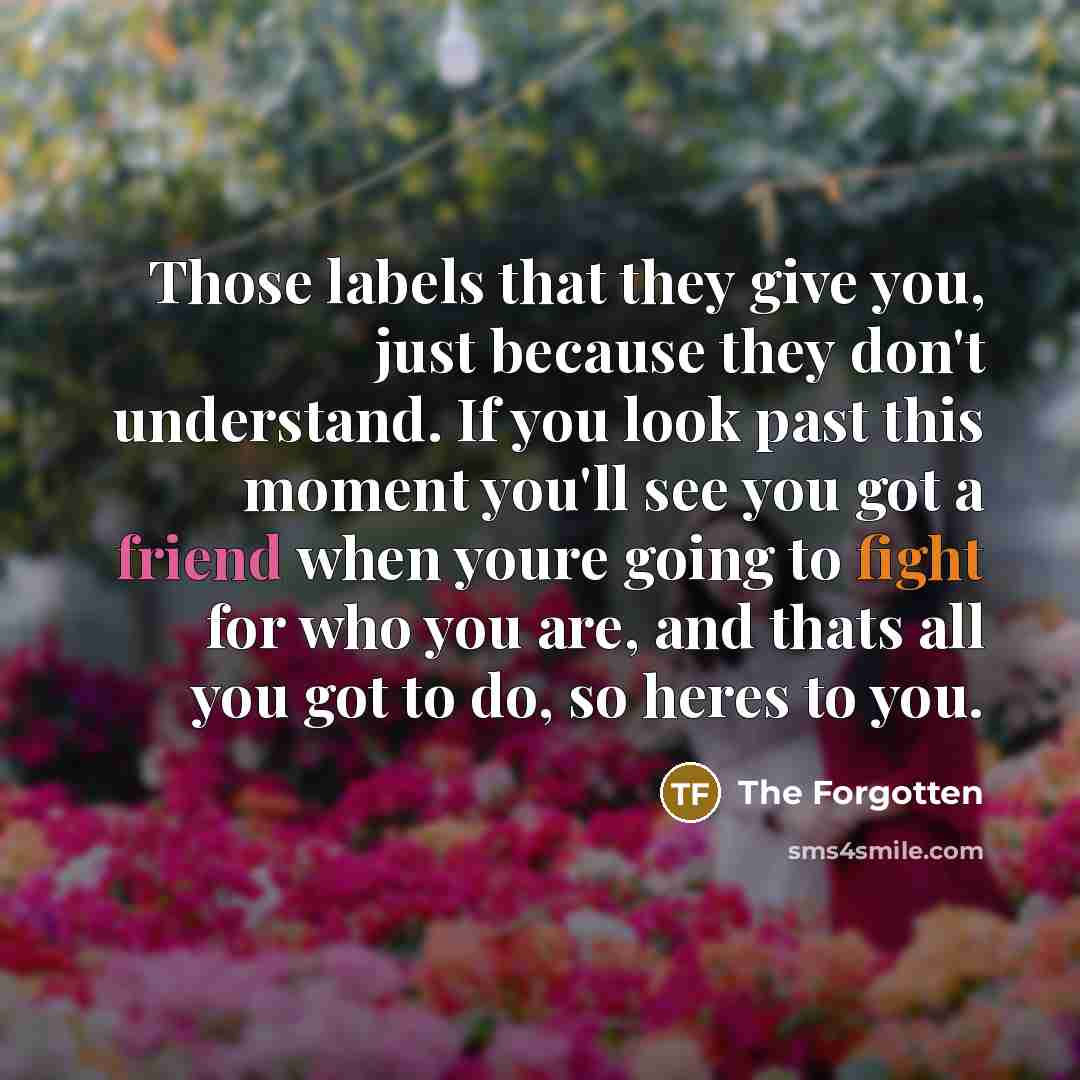 “Those labels that they give you, just because they don't understand. If you look past this moment you'll see you got a friend when youre going to fight for who you are, and thats all you got to do, so heres to you.” quote by The Forgotten