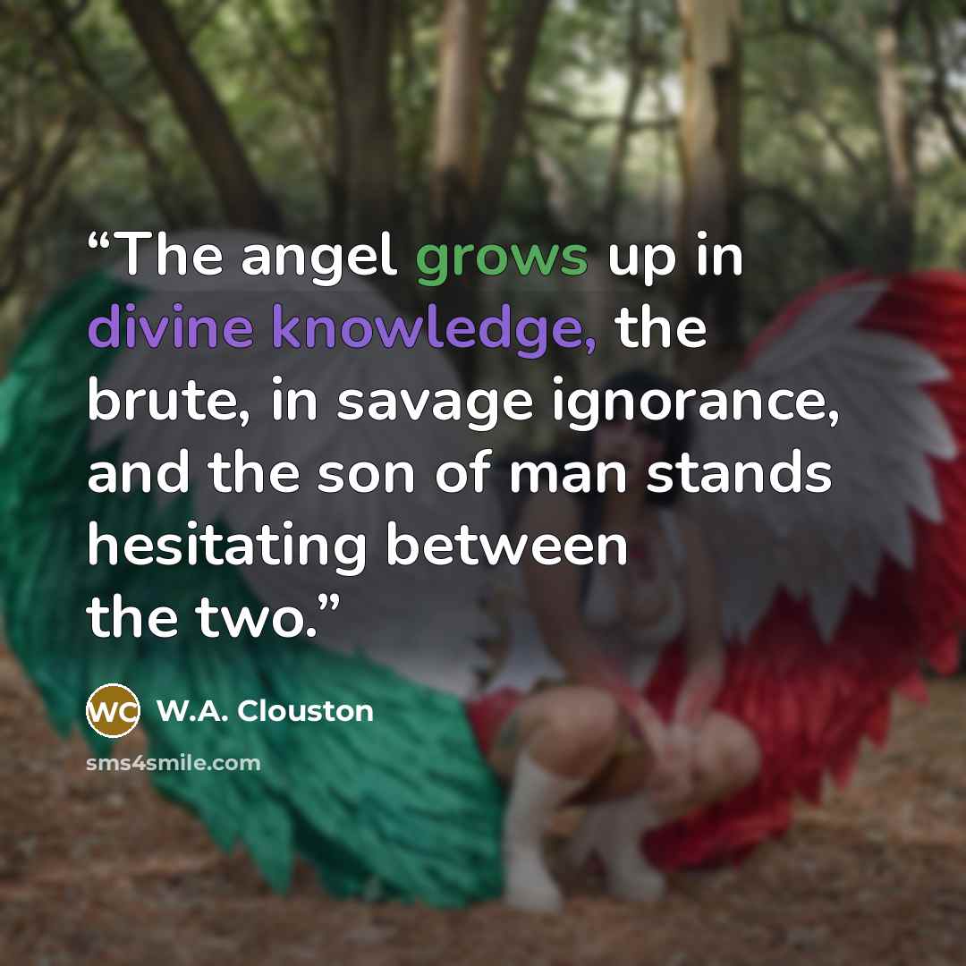 “The angel grows up in divine knowledge, the brute, in savage ignorance, and the son of man stands hesitating between the two.” quote by W.A. Clouston