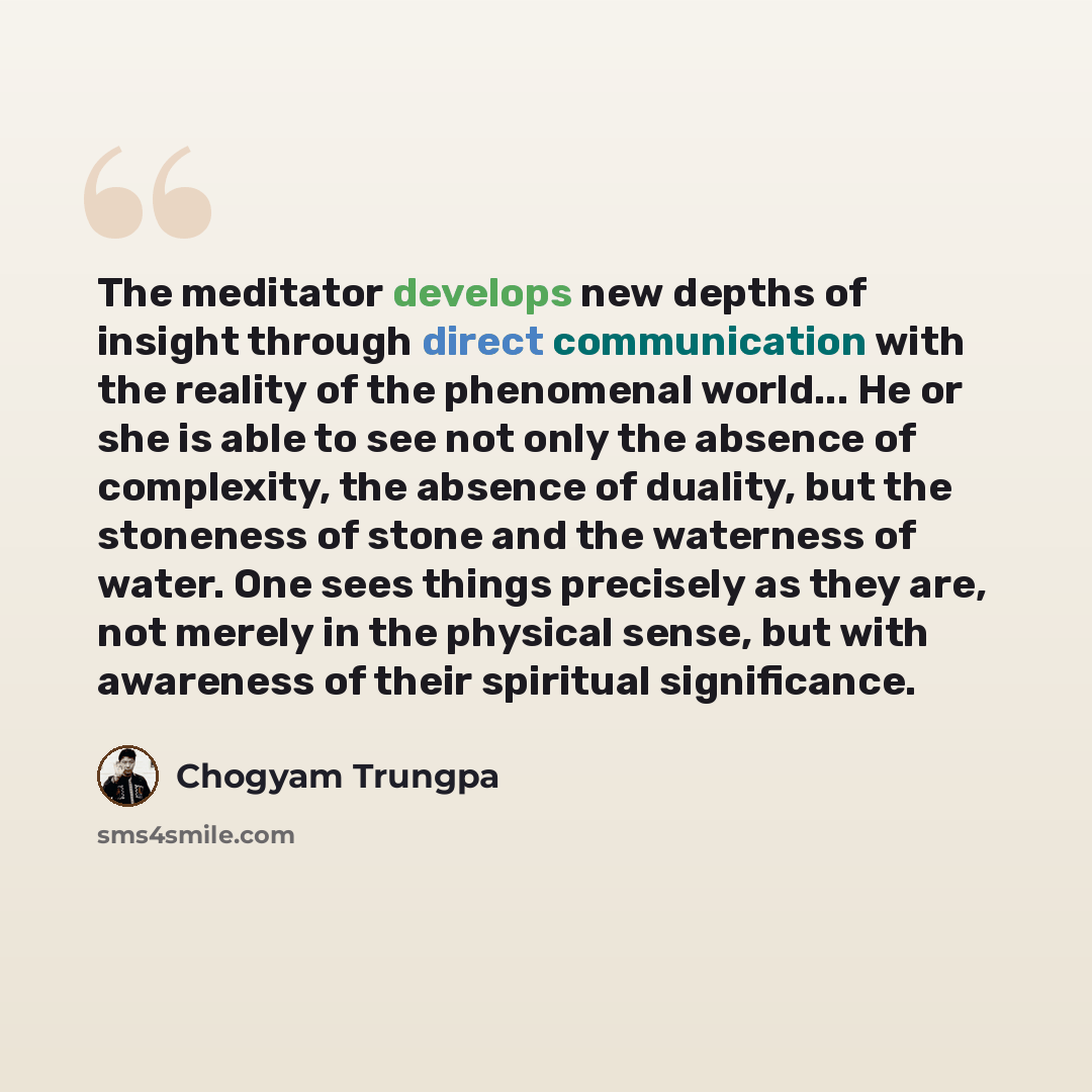 “The meditator develops new depths of insight through direct communication with the reality of the phenomenal world... He or she is able to see not only the absence of complexity, the absence of duality, but the stoneness of stone and the waterness of water. One sees things precisely as they are…” quote by Chogyam Trungpa