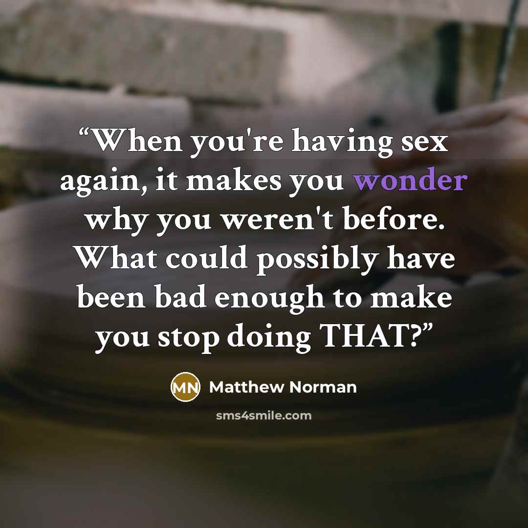 “When you're having sex again, it makes you wonder why you weren't before. What could possibly have been bad enough to make you stop doing THAT?” quote by Matthew Norman