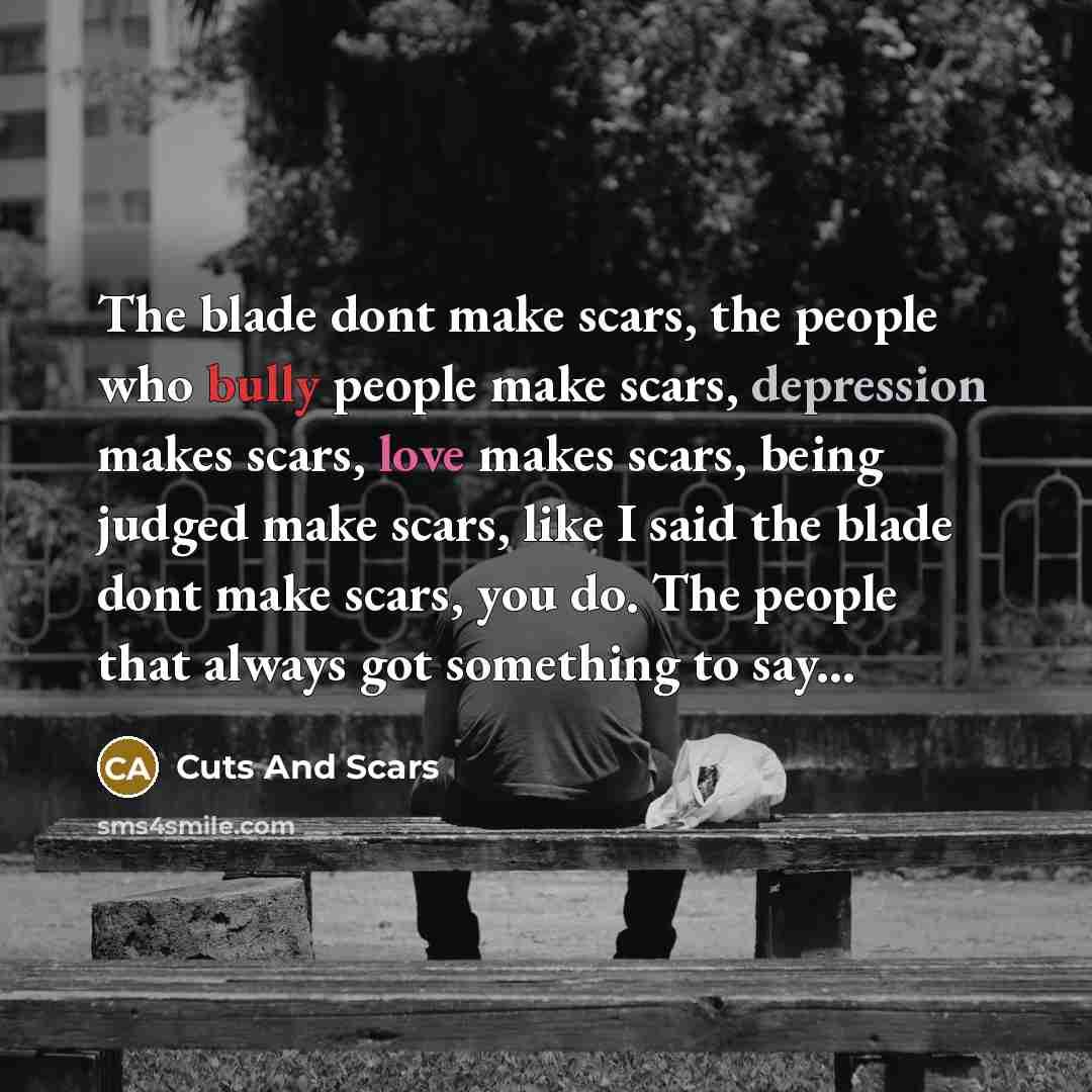 “The blade dont make scars, the people who bully people make scars, depression makes scars, love makes scars, being judged make scars, like I said the blade dont make scars, you do. The people that always got something to say...” quote by Cuts And Scars