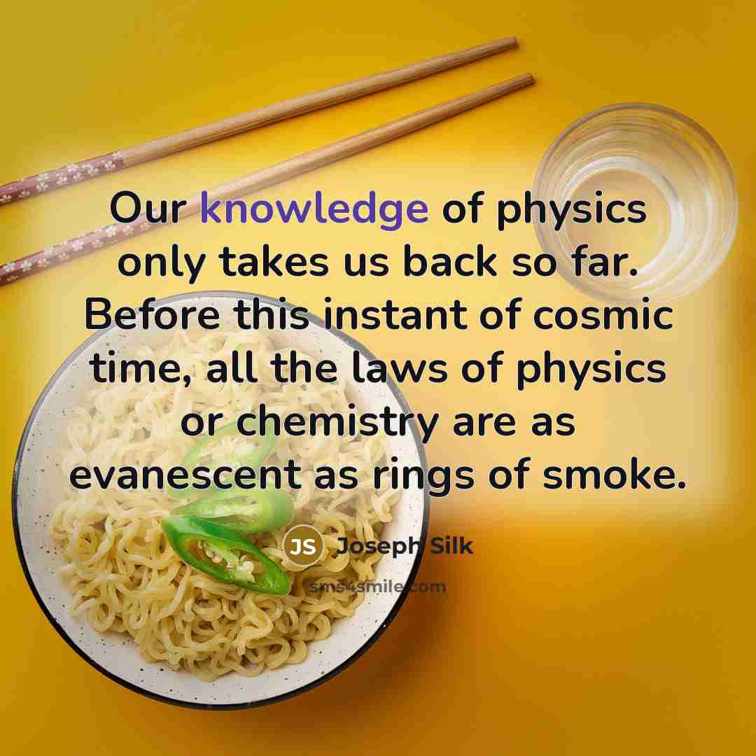 “Our knowledge of physics only takes us back so far. Before this instant of cosmic time, all the laws of physics or chemistry are as evanescent as rings of smoke.” quote by Joseph Silk