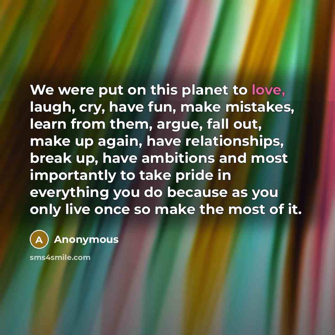“We were put on this planet to love, laugh, cry, have fun, make mistakes, learn from them, argue, fall out, make up again, have relationships, break up, have ambitions and most importantly to take pride in everything you do because as you only live once so make the most of it.” quote by Anonymous