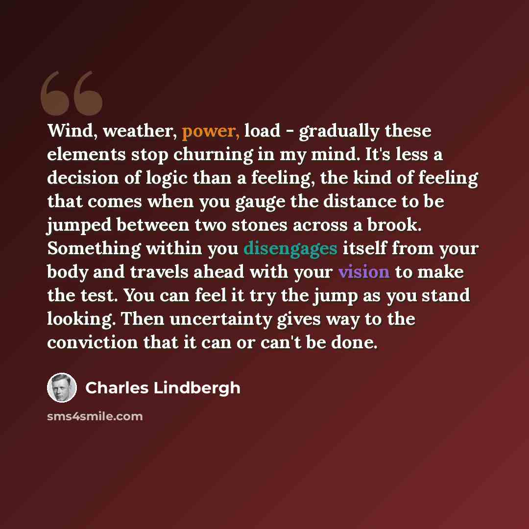 “Wind, weather, power, load - gradually these elements stop churning in my mind. It's less a decision of logic than a feeling, the kind of feeling that comes when you gauge the distance to be jumped between two stones across a brook. Something within you disengages itself from your body and travels…” quote by Charles Lindbergh