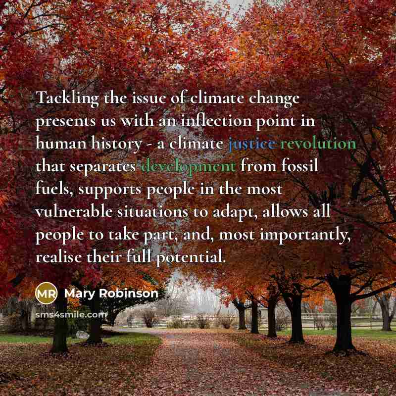 “Tackling the issue of climate change presents us with an inflection point in human history - a climate justice revolution that separates development from fossil fuels, supports people in the most vulnerable situations to adapt, allows all people to take part, and, most importantly, realise their…” quote by Mary Robinson