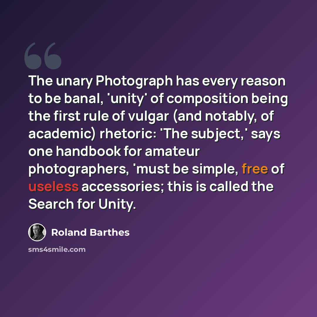 “The unary Photograph has every reason to be banal, 'unity' of composition being the first rule of vulgar (and notably, of academic) rhetoric: 'The subject,' says one handbook for amateur photographers, 'must be simple, free of useless accessories; this is called the Search for Unity.” quote by Roland Barthes