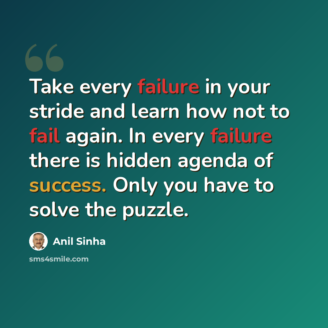 “Take every failure in your stride and learn how not to fail again. In every failure there is hidden agenda of success. Only you have to solve the puzzle.” quote by Anil Sinha