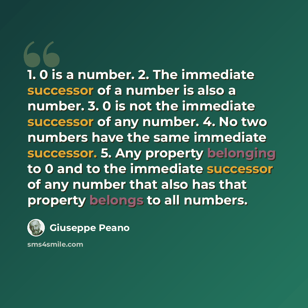 “1. 0 is a number. 2. The immediate successor of a number is also a number. 3. 0 is not the immediate successor of any number. 4. No two numbers have the same immediate successor. 5. Any property belonging to 0 and to the immediate successor of any number that also has that property belongs to all…” quote by Giuseppe Peano