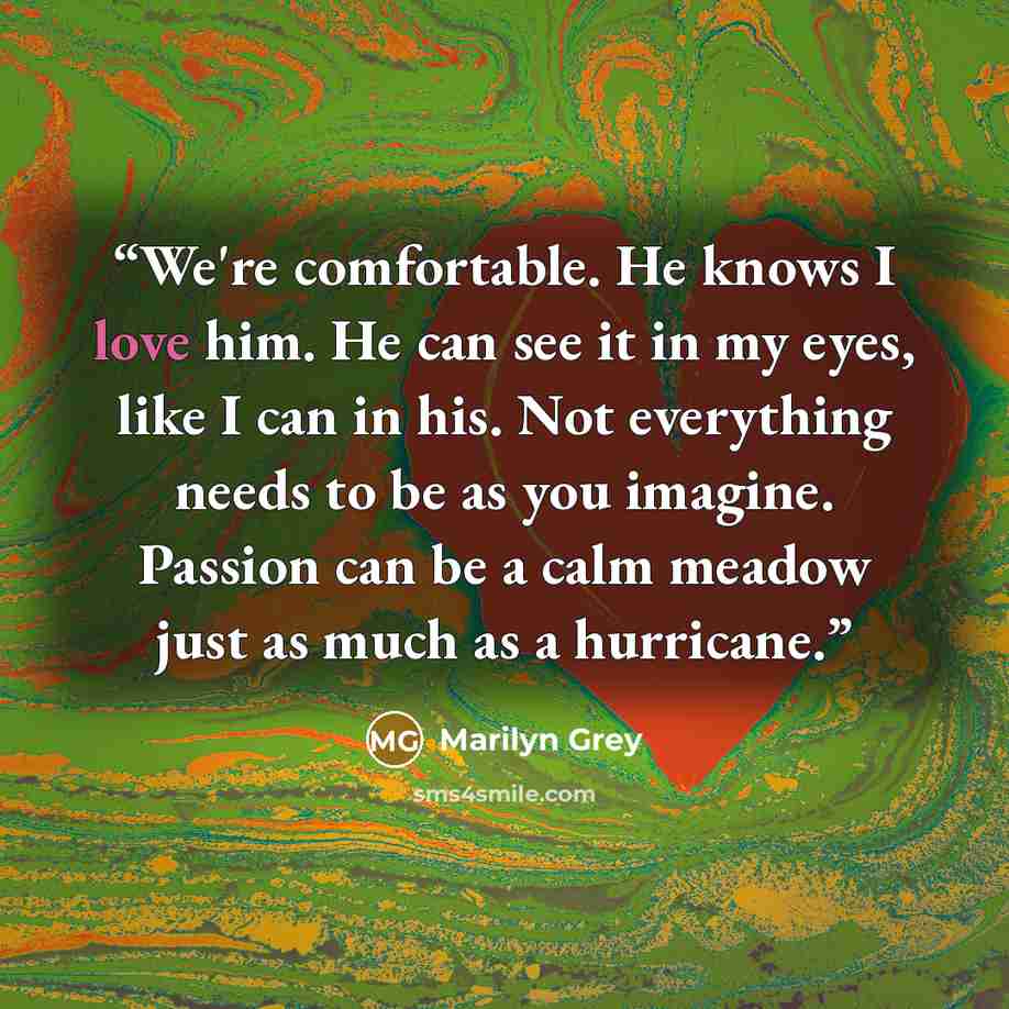 “We're comfortable. He knows I love him. He can see it in my eyes, like I can in his. Not everything needs to be as you imagine. Passion can be a calm meadow just as much as a hurricane.” quote by Marilyn Grey