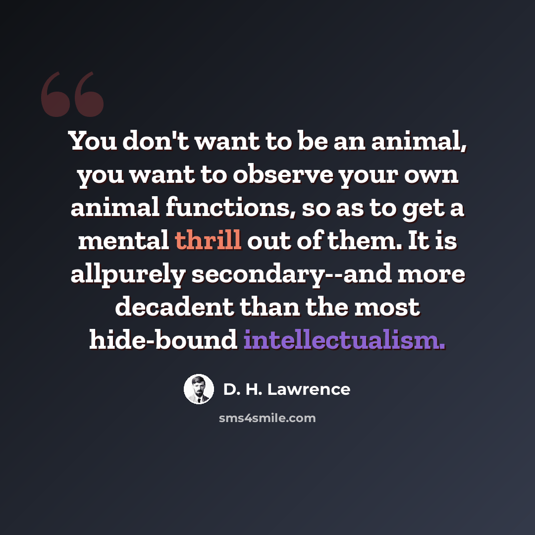 “You don't want to be an animal, you want to observe your own animal functions, so as to get a mental thrill out of them. It is allpurely secondary--and more decadent than the most hide-bound intellectualism.” quote by D. H. Lawrence