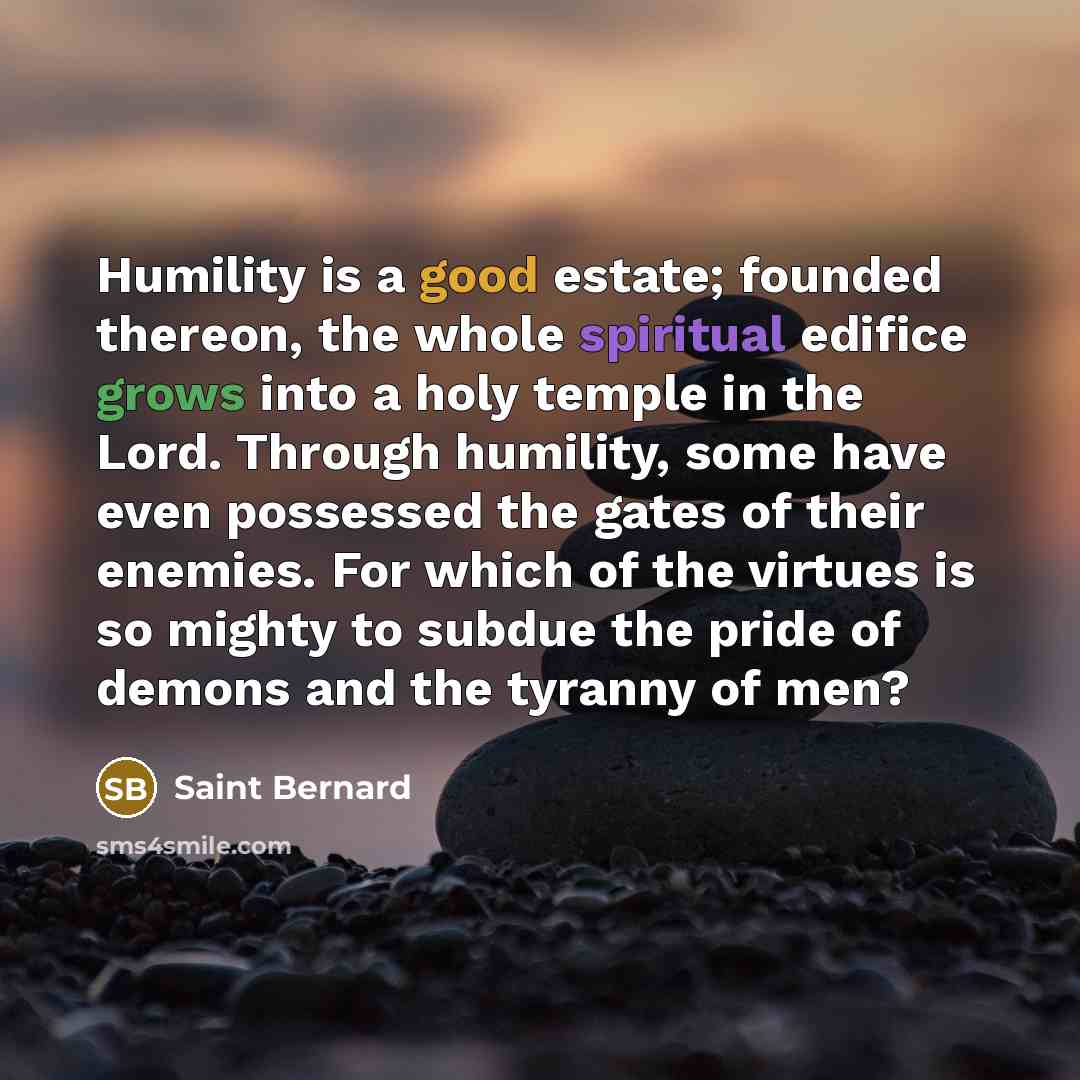 “Humility is a good estate; founded thereon, the whole spiritual edifice grows into a holy temple in the Lord. Through humility, some have even possessed the gates of their enemies. For which of the virtues is so mighty to subdue the pride of demons and the tyranny of men?” quote by Saint Bernard