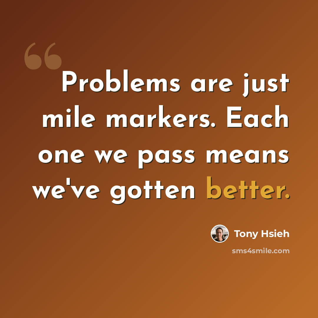 “Problems are just mile markers. Each one we pass means we've gotten better.” quote by Tony Hsieh